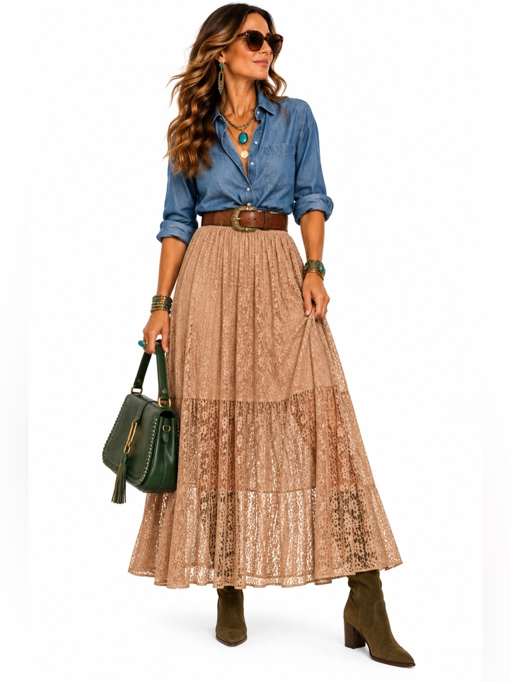 60% off-TAN Easel Los Angeles Lace Overlay Maxi Skirt | Elastic Waist | Lined